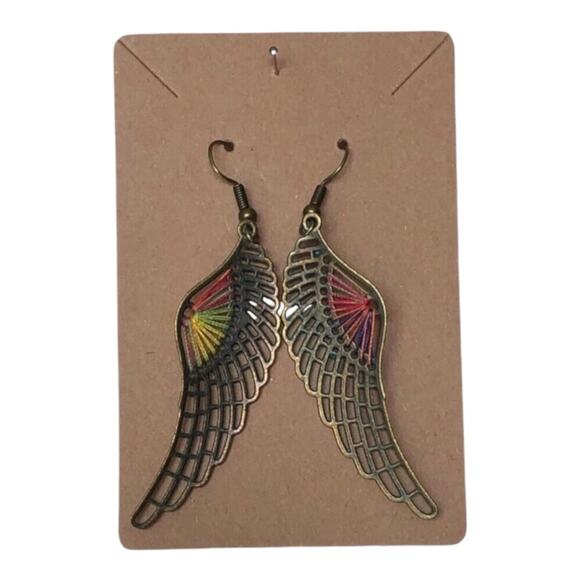 Bohemian Feather Wing Colored Beads And Green Patina On Brass Earrings - Picture 3 of 12